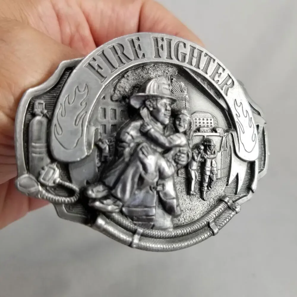 Vintage Belt Buckle 1993‎ Pewter Fire Fighter First Responders USA Arroyo Grande